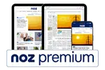 NOZ premium auf Tablet, E-Paper und Smartphone mit Nachrichtenübersicht und hervorgehobenem Logo im Vordergrund.  