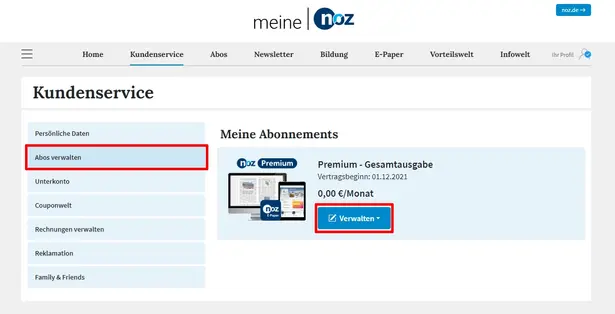 meine noz - Abos verwalten