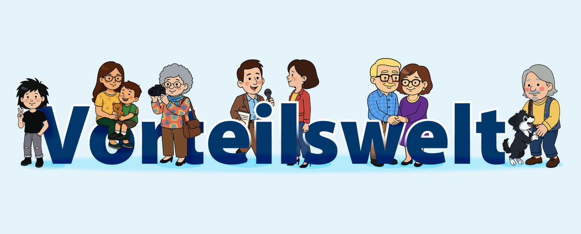 Mitglieder der Familie Vorteil stehen um das Wort "Vorteilswelt" herum