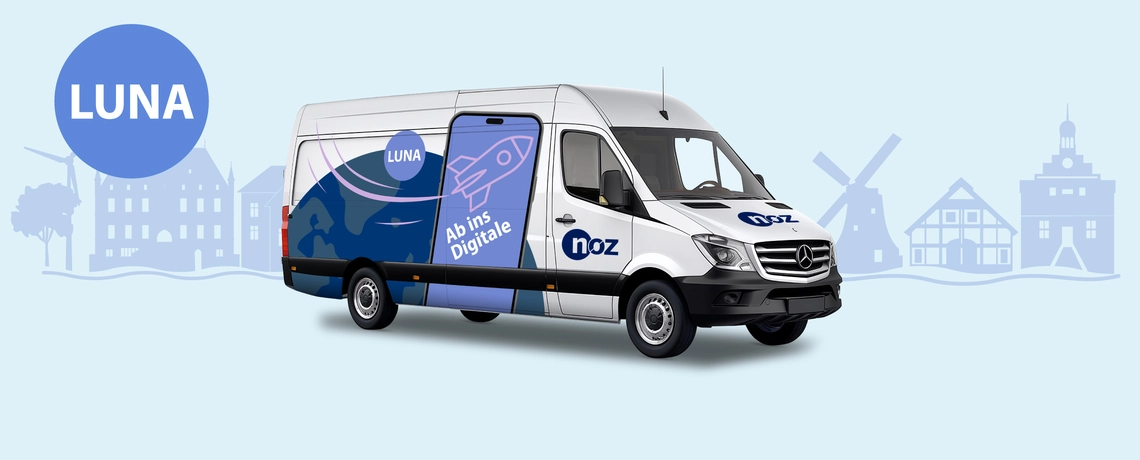 noz digitalmobil mit dem Namen Luna. Ein Bulli von hinten und eine grafische Rakete ist zu sehen.