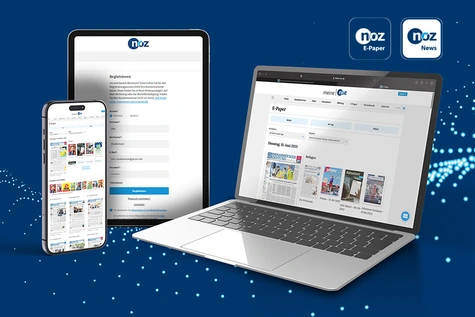 Ein Smartphone, ein Tablet und ein Laptop, auf denen jeweils das E-Paper abgebildet ist