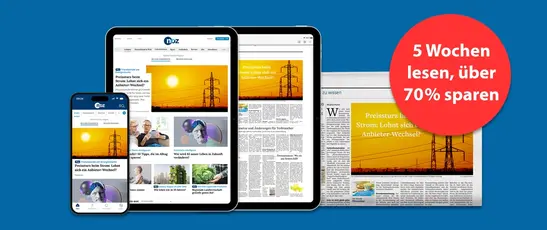 Abbildung der gedruckten Zeitung und der digitalen Produkte der NOZ mit dem Text "5 Wochen lesen, über 70% sparen"